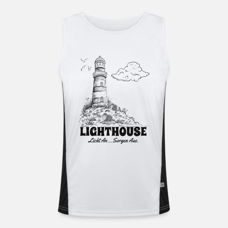 Leuchtturm Sketch Meer Urlaub Spruch Funktionelles Kontrast-Tank Top für Männer 