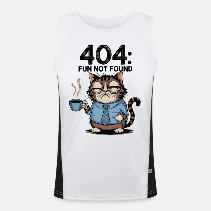 404 Fun Not Found - Tired Coffee Cat Work Meme - Men's Functional Contrast Tank Top  - white/black