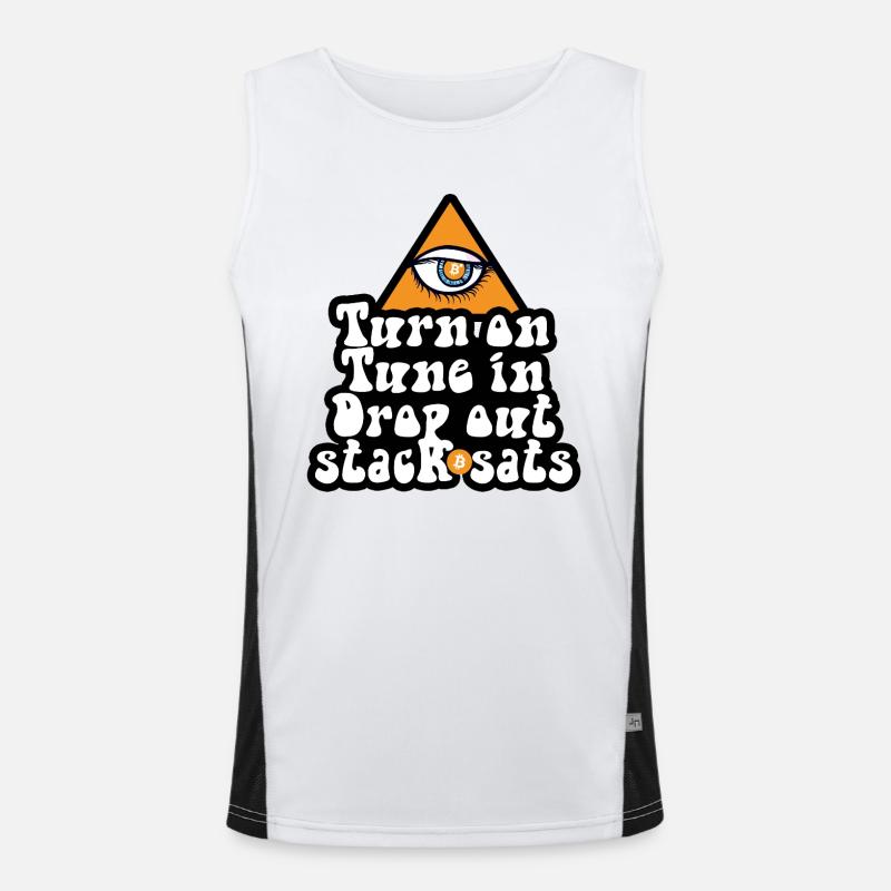 Bitcoin - Turn On Tune In Drop Out Stack Sats Funktionelles Kontrast-Tank Top für Männer 