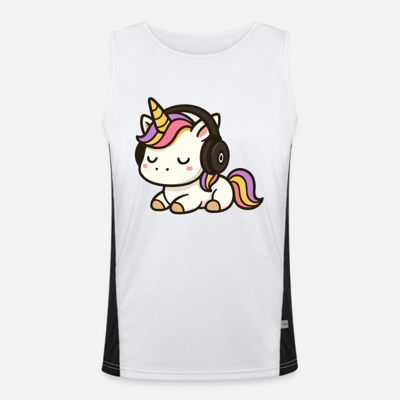 Niedlicher Einhorn-Cartoon mit schlafenden Kopfhörern Funktionelles Kontrast-Tank Top für Männer 