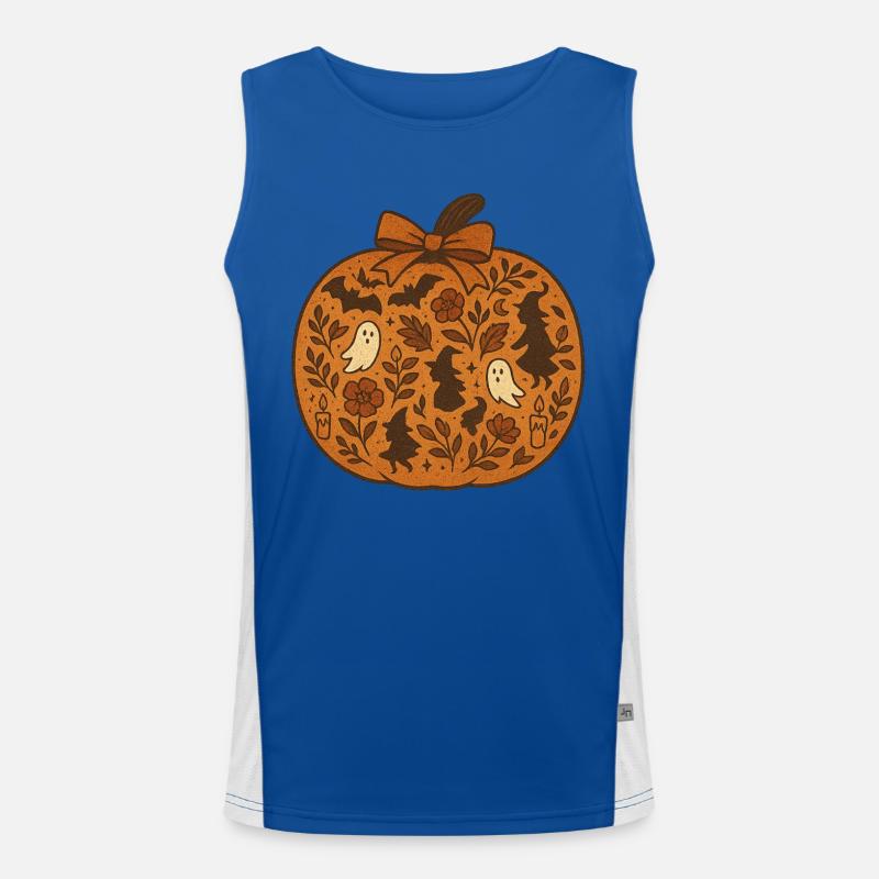 Halloween Pumpkin with Witch and Ghost Motif Men's Functional Contrast Tank Top 