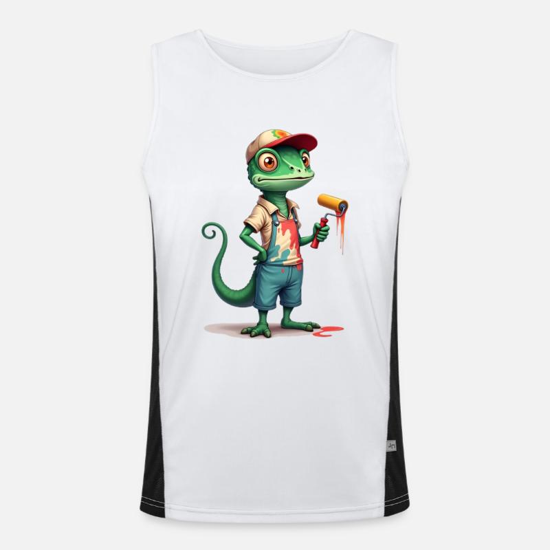 Chameleon painter cartoon with paint roller - Men's Functional Contrast Tank Top  - white/black