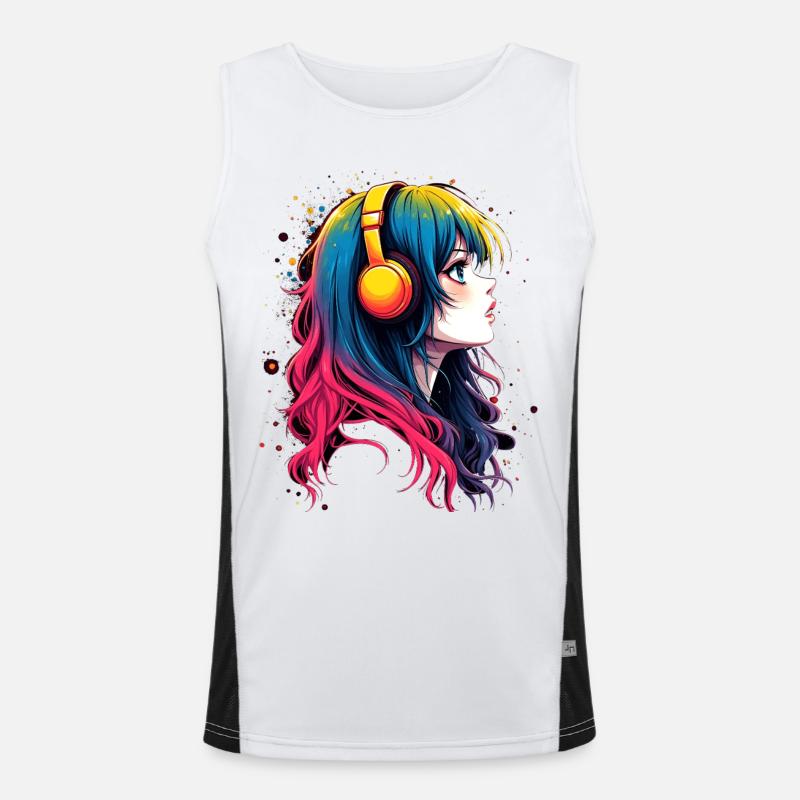 Farbiger Anime-Charakter mit Kopfhörer Funktionelles Kontrast-Tank Top für Männer 