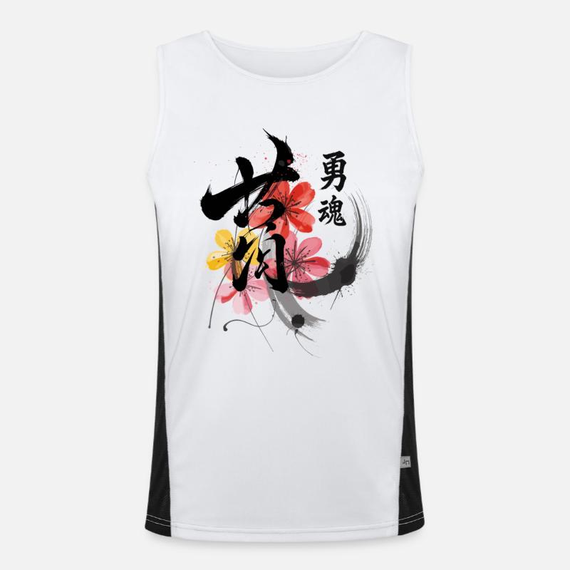 Courage Japon Calligraphie avec des fleurs Débardeur respirant contrasté Homme 