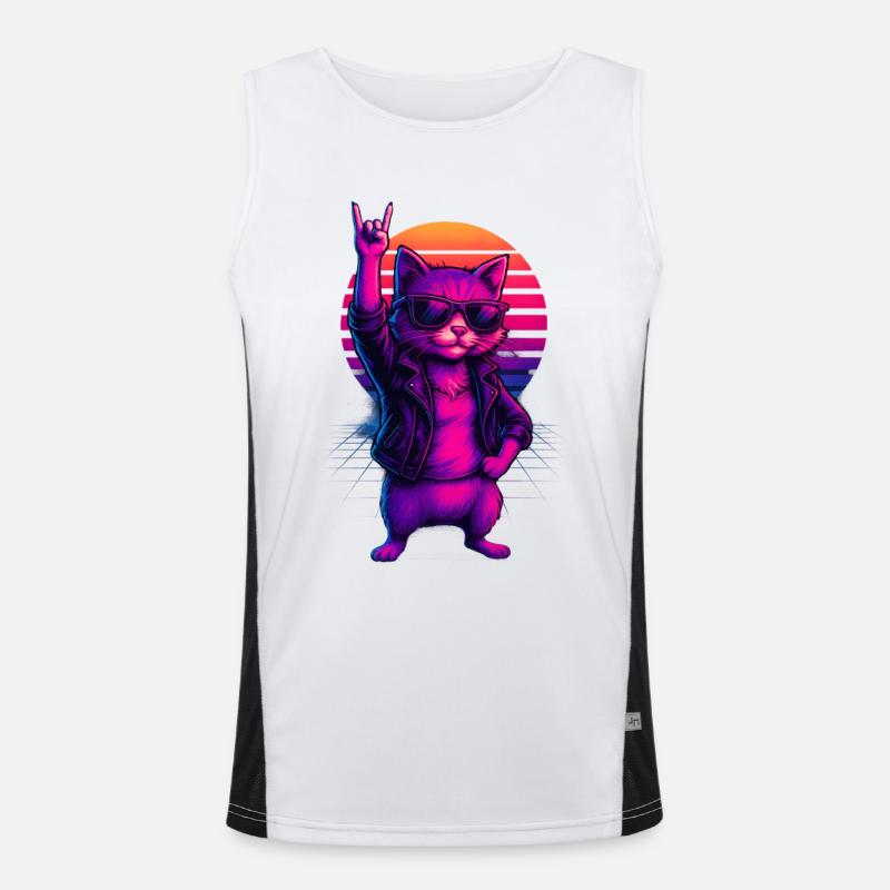 Synthwave Cat Cat Retro Sunset - Men's Functional Contrast Tank Top  - white/black