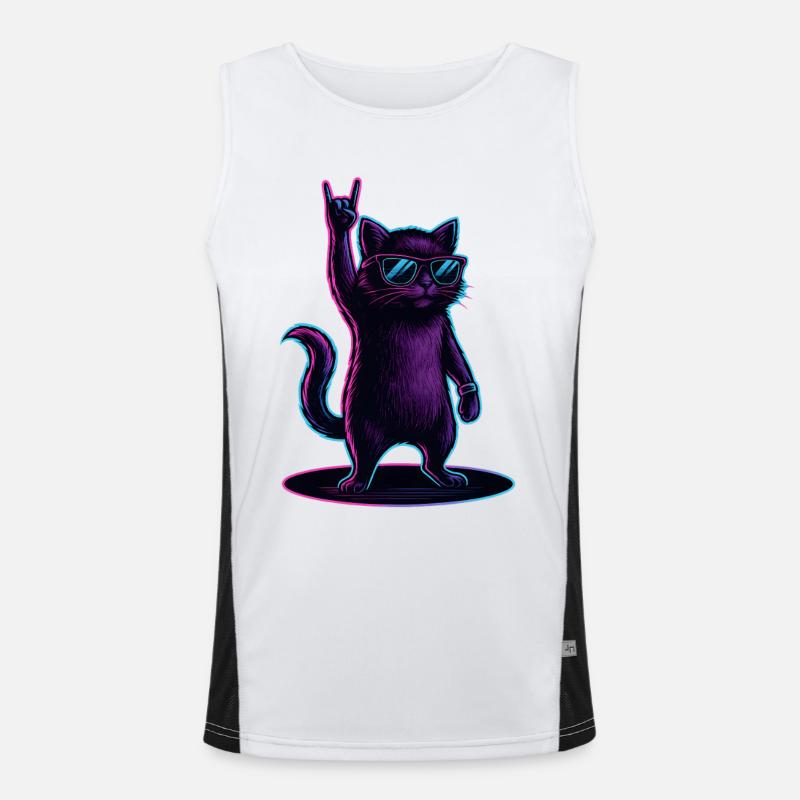 Synthwave Cat Cat with Rockhand Pose - Men's Functional Contrast Tank Top  - white/black