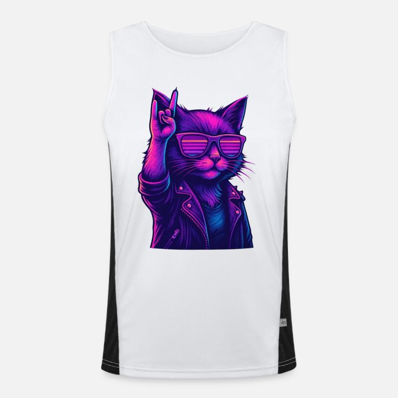 Synthwave Cat 2 Retro Rock 80'erne - Funktionel kontrast tanktop til herrer  - hvid/sort