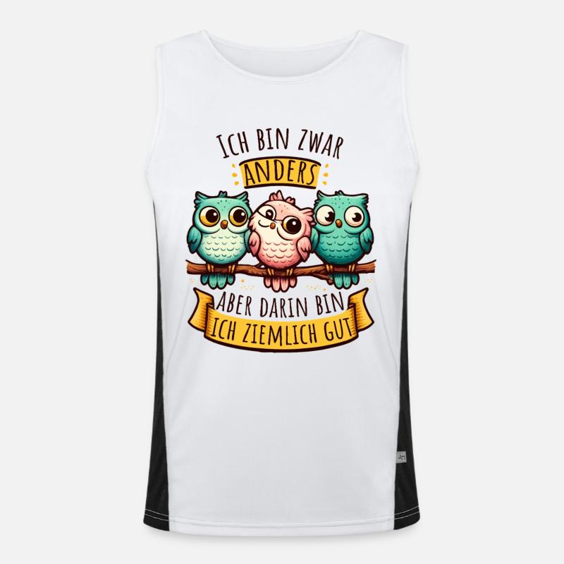 Anderssein Spruch mit bunten Eulen Funktionelles Kontrast-Tank Top für Männer 