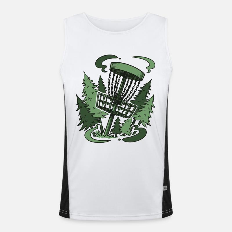 Panier de disc golf dans la forêt Scène drôle de disc golf Débardeur respirant contrasté Homme 