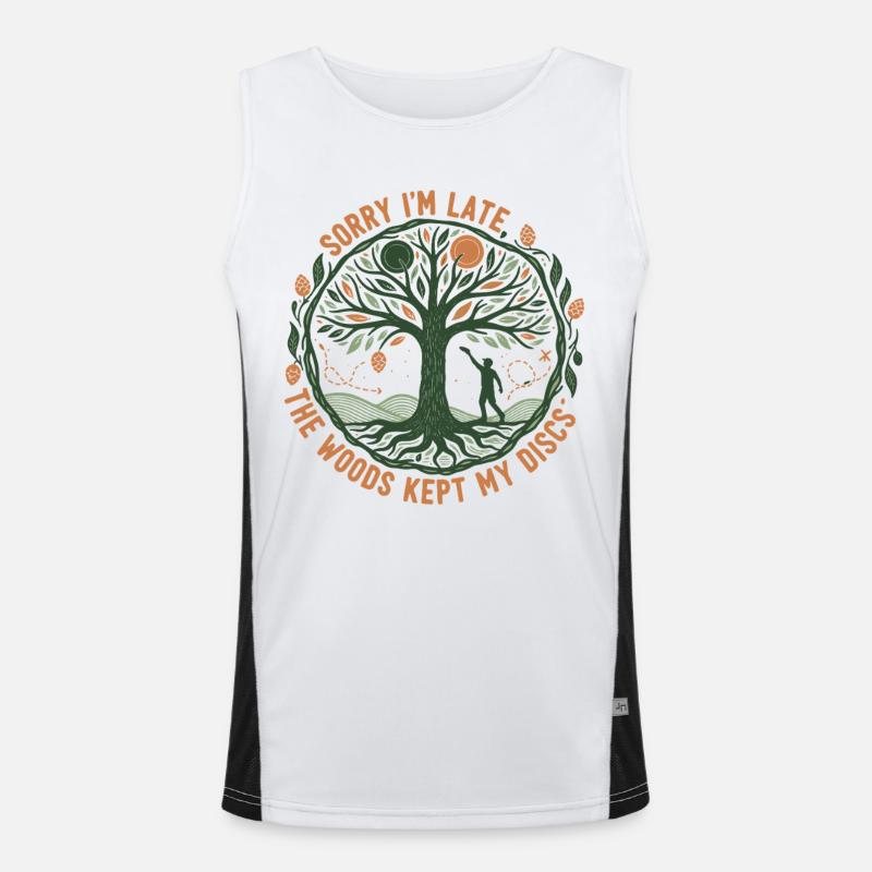 Entschuldigung, dass ich zu spät bin. Der Wald hat meine Discs behalten. Disc-Golf. Funktionelles Kontrast-Tank Top für Männer 