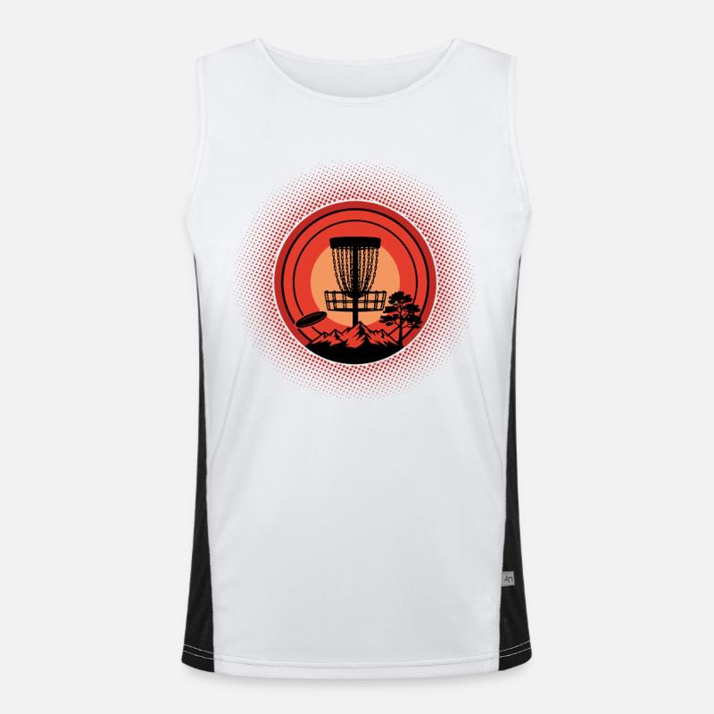 Disc Golf Basket Sunset Flying Disc Mountain Scene Men's Functional Contrast Tank Top 