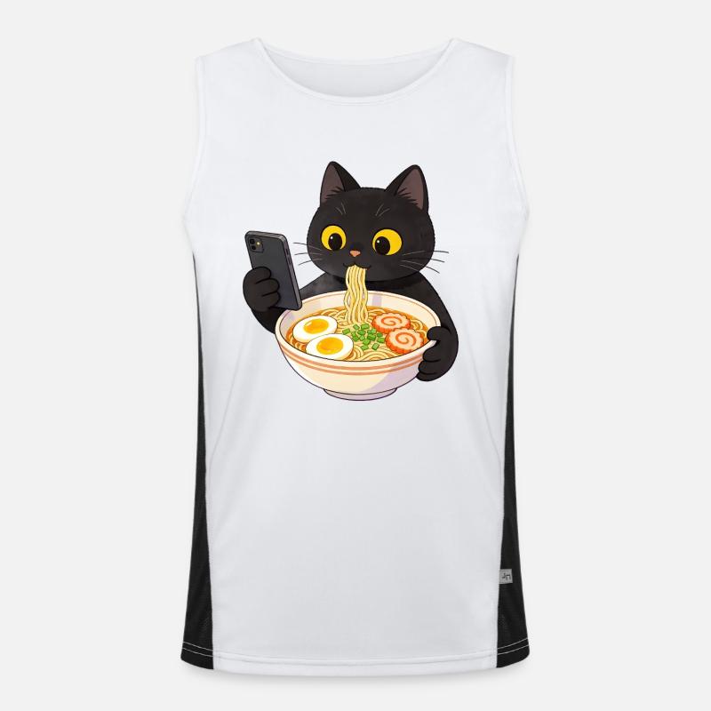 Black cat with smartphone and ramen noodles Men's Functional Contrast Tank Top 