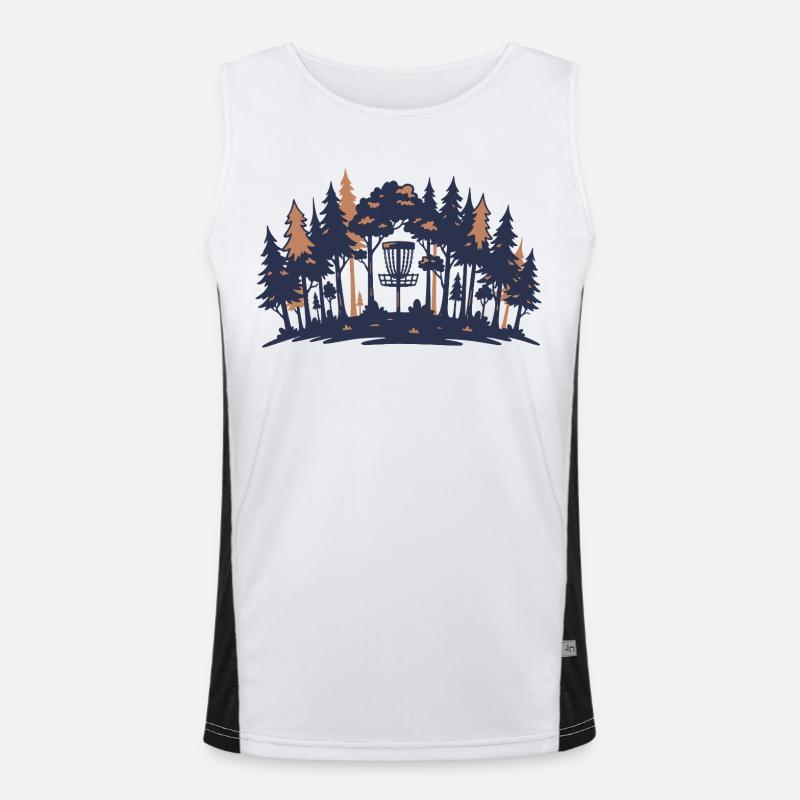 Scène de disc golf Silhouette du panier forestier Débardeur respirant contrasté Homme 