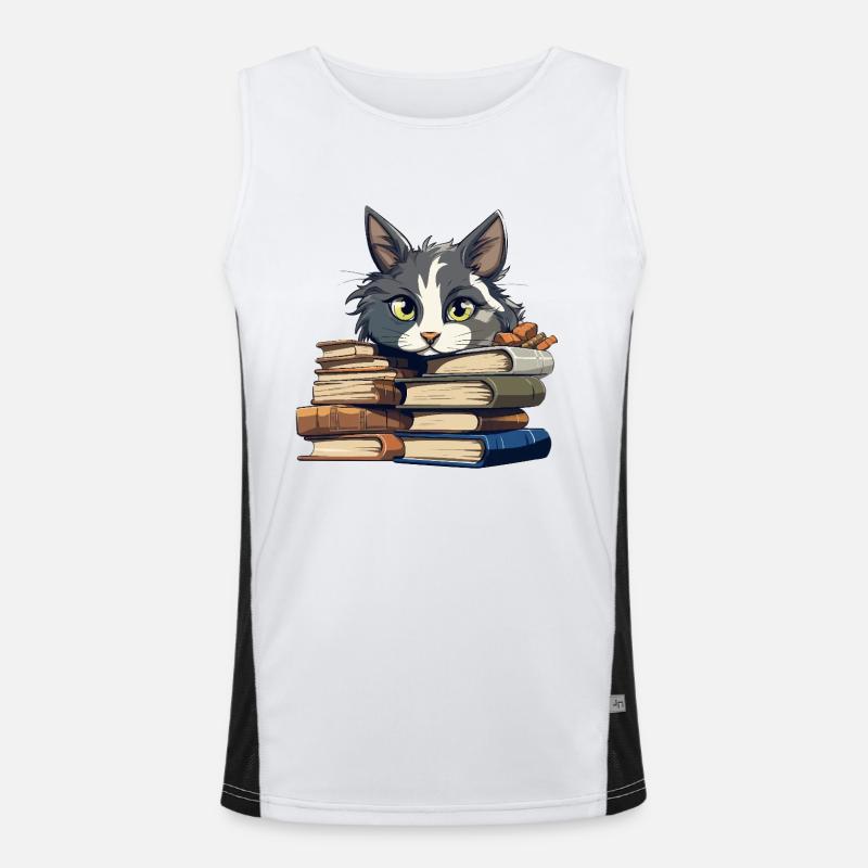 Book Stack Cat Bibliophile - Men's Functional Contrast Tank Top  - white/black
