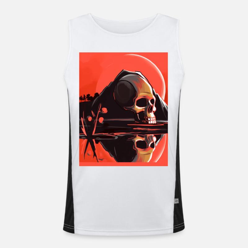 Totenkopf vor Berg mit roter Sonne Funktionelles Kontrast-Tank Top für Männer 