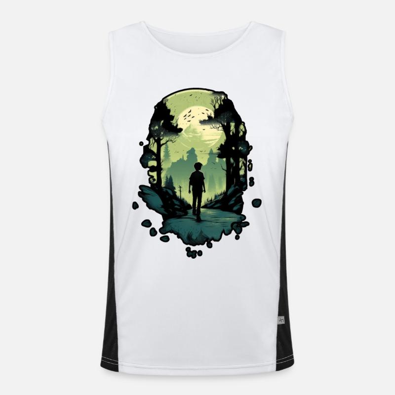 Wilderness Explorer, Menschensilhouette im Wald Funktionelles Kontrast-Tank Top für Männer 
