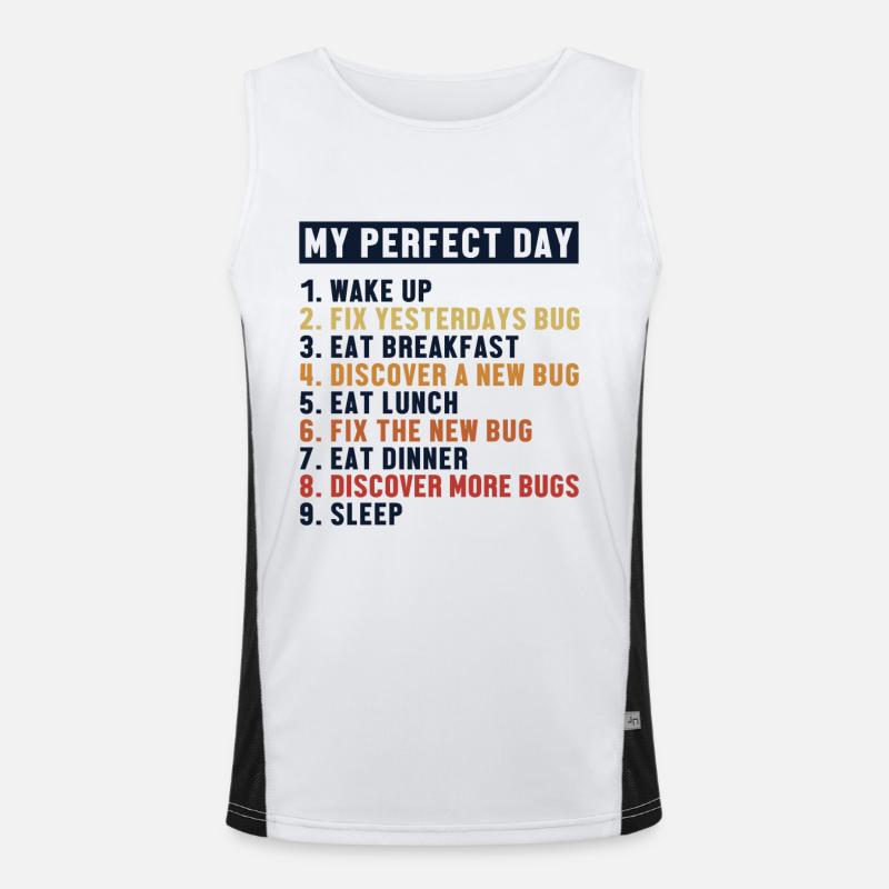 Fix Bugs Perfect Day Developer Coder Programmierer Funktionelles Kontrast-Tank Top für Männer 