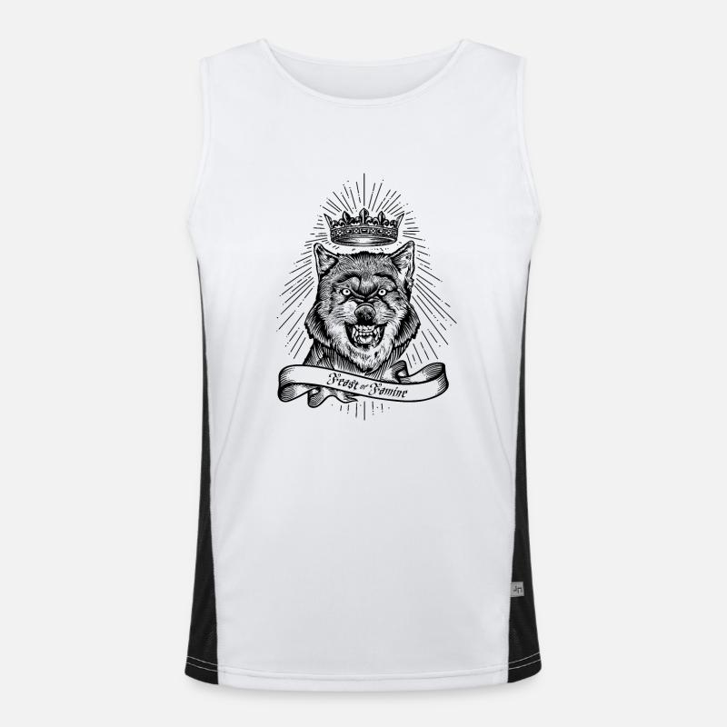 "Fest oder Hunger" gekrönter Wolf - Funktionelles Kontrast-Tank Top für Männer - Weiß/Schwarz