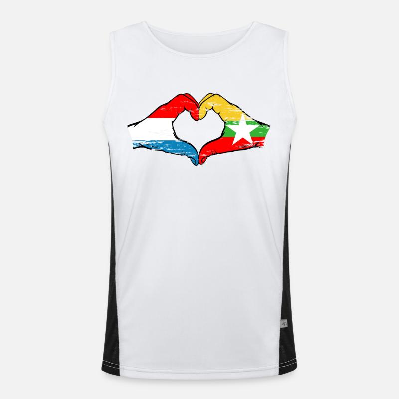 Mains de drapeau du Luxembourg Myanmar en forme de coeur utilisé Débardeur respirant contrasté Homme 