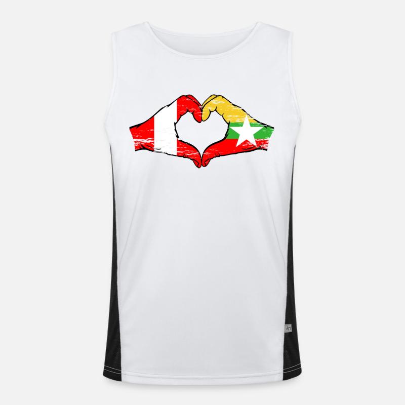 Pérou Myanmar drapeau mains forme de coeur utilisé Débardeur respirant contrasté Homme 