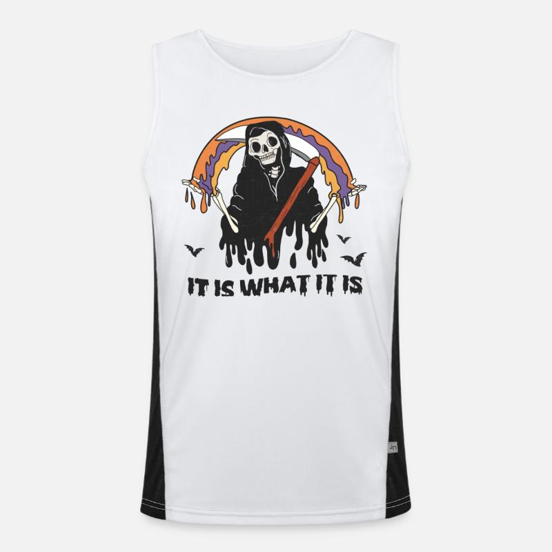 Retro Halloween: Grim Reaper "It Is What It Is" Funktionelles Kontrast-Tank Top für Männer 