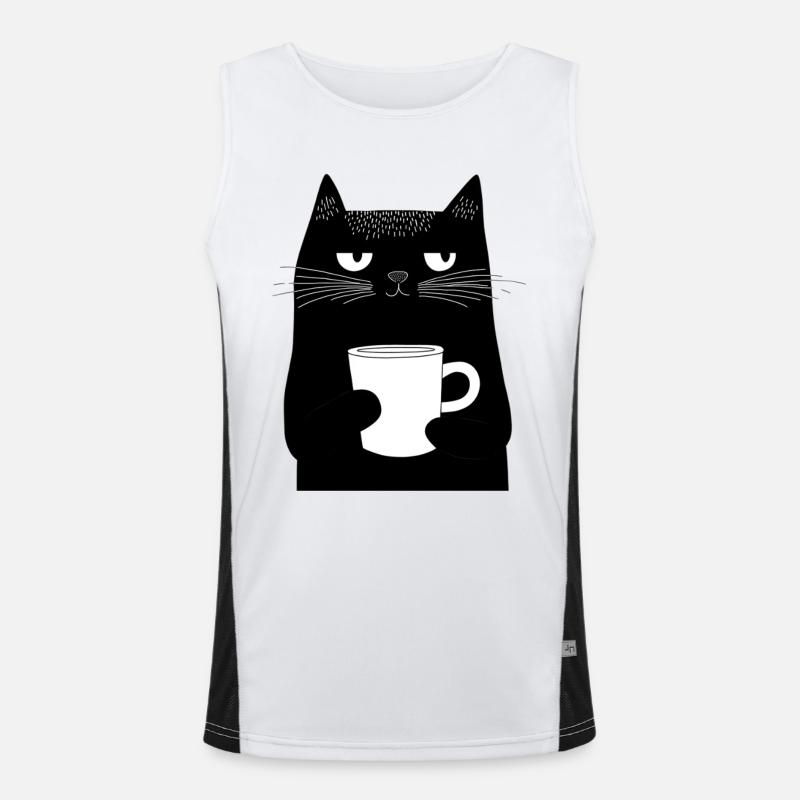 Minimalistisch: Schwarze Katze mit Kaffeebecher Funktionelles Kontrast-Tank Top für Männer 