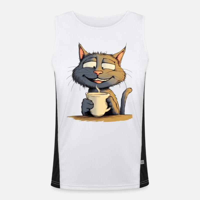 Satisfied Cat with Coffee - Comic Style Men's Functional Contrast Tank Top 