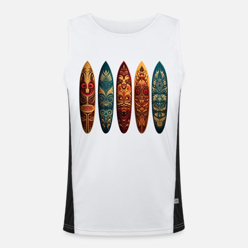 Polynesian art on different surfboards Men's Functional Contrast Tank Top 
