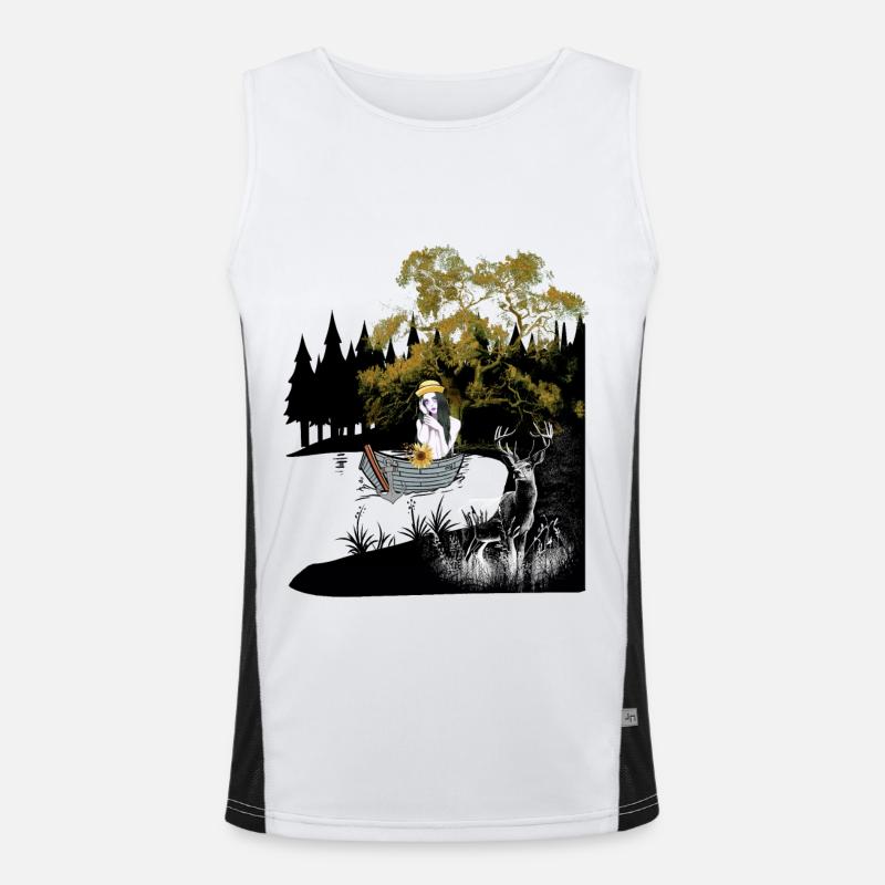 Sinnlich Mädchen Hirsch Boot Natur See Einsamkeit Funktionelles Kontrast-Tank Top für Männer 