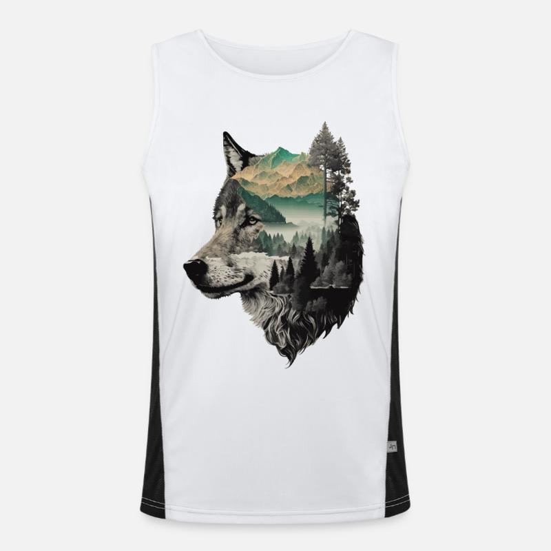 Wolf Wolf’s Head Nature Wilderness Forest Trees Art Débardeur respirant contrasté Homme 