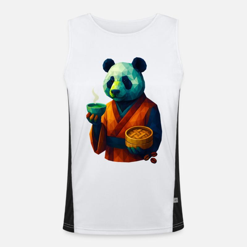 WPAP Style Animals - Panda Bear in Kimono Drinking Tea Men's Functional Contrast Tank Top 