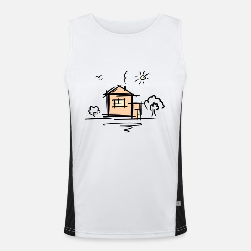 House with trees and sun. Drawing. Scribble. Men's Functional Contrast Tank Top 