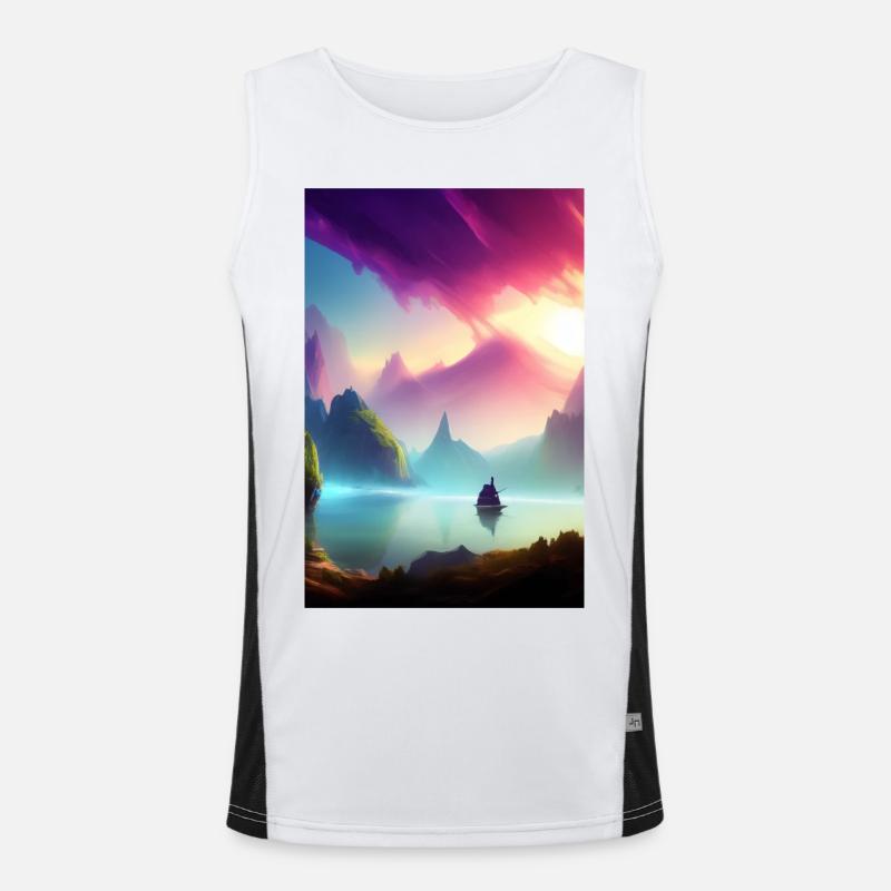 Landschaft mit See, Boot und Berge Funktionelles Kontrast-Tank Top für Männer 