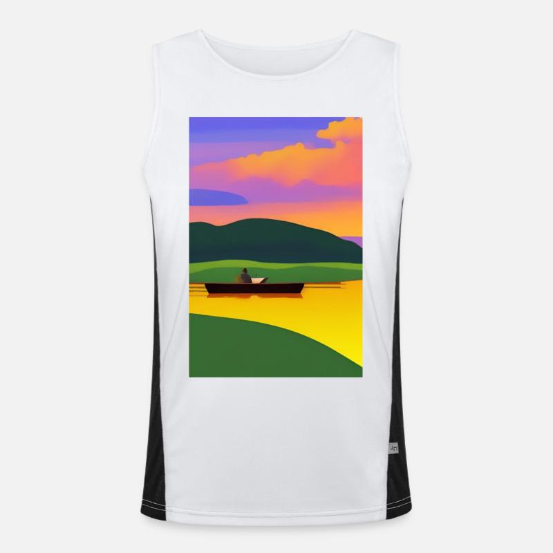 Landschaft mit See, Boot und Berge Funktionelles Kontrast-Tank Top für Männer 