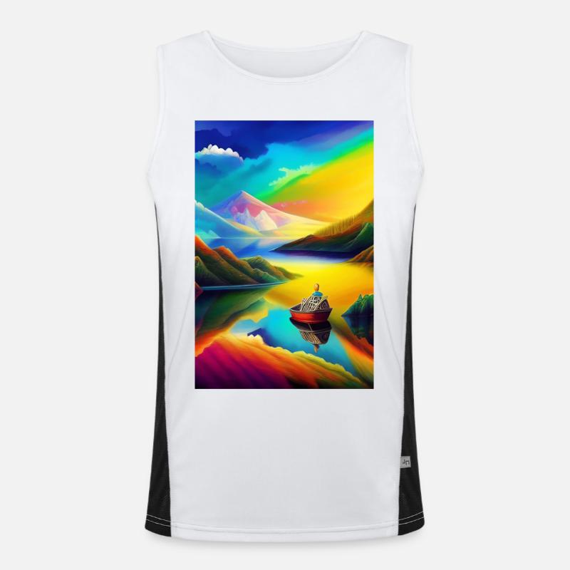 Landschaft mit See, Boot und Berge Funktionelles Kontrast-Tank Top für Männer 