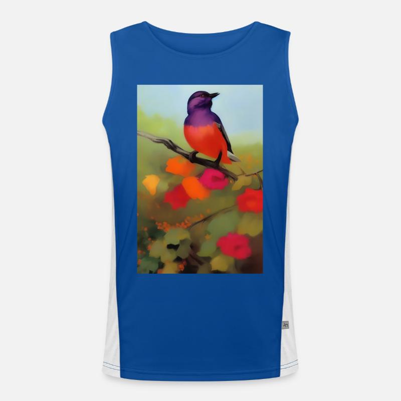 Vogel auf Ast mit bunten Blüten Funktionelles Kontrast-Tank Top für Männer 