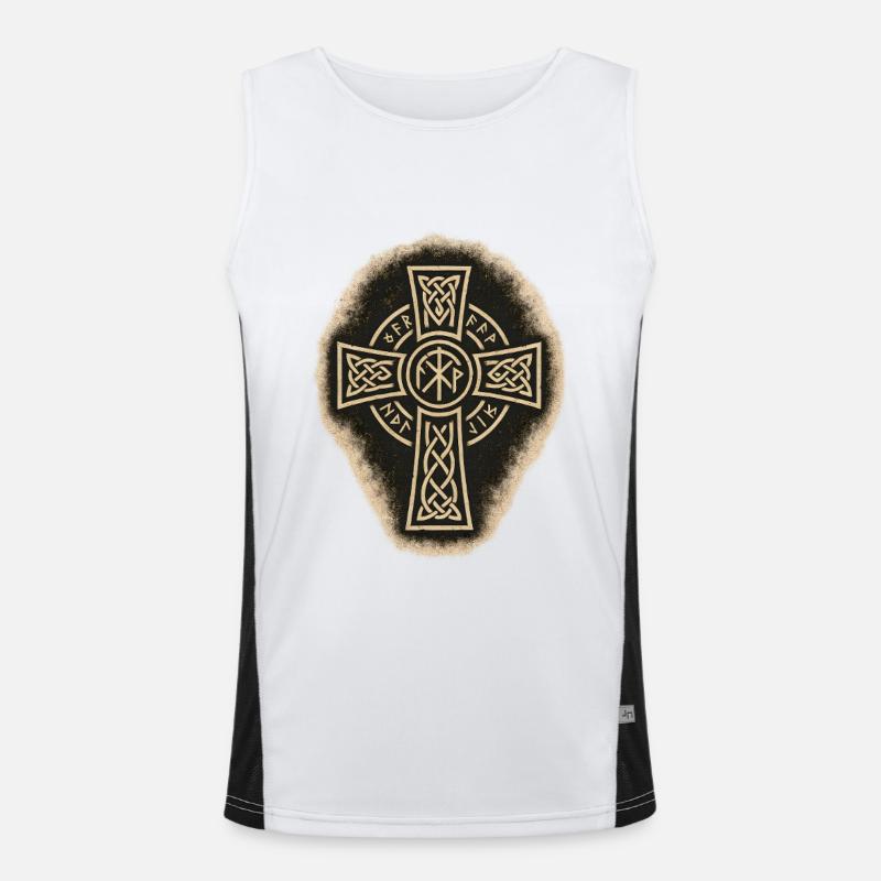 Celtic Cross with Runes and Knot Pattern Men's Functional Contrast Tank Top 