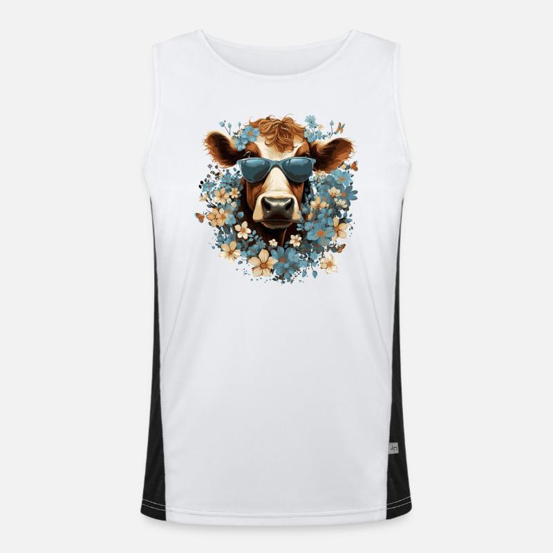 Funny cow with flowers Men's Functional Contrast Tank Top 