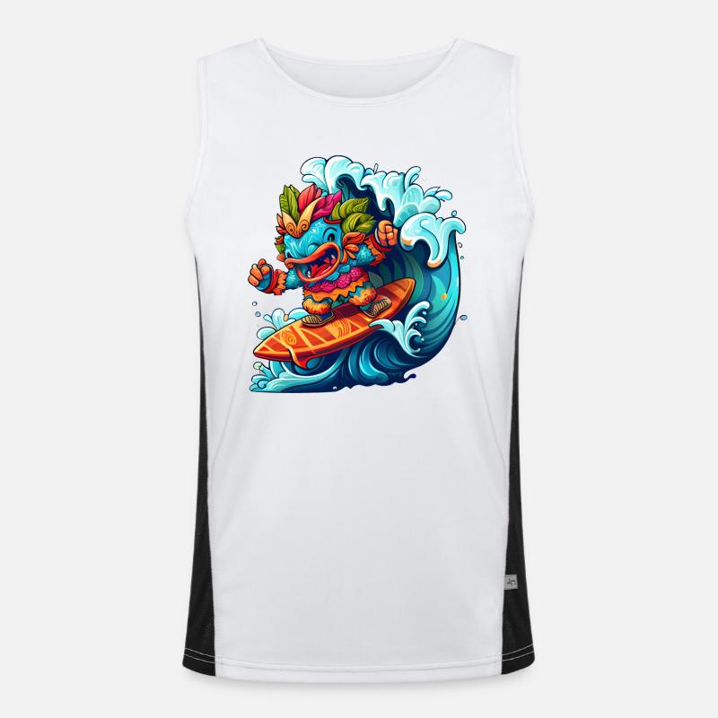 Comic Monster on Surfboard with Big Wave Men's Functional Contrast Tank Top 