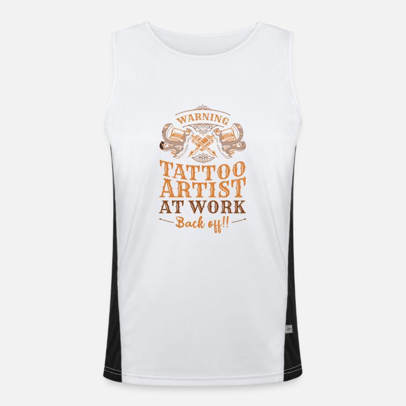 Warning tattoo artists at work back from Men's Functional Contrast Tank Top 