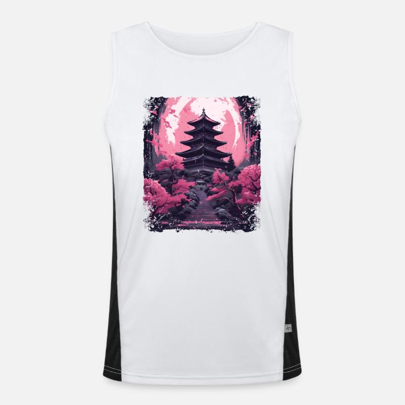 Kirschblüten-Sakura-Baum in einer Tempel-Dampfwelle Funktionelles Kontrast-Tank Top für Männer 