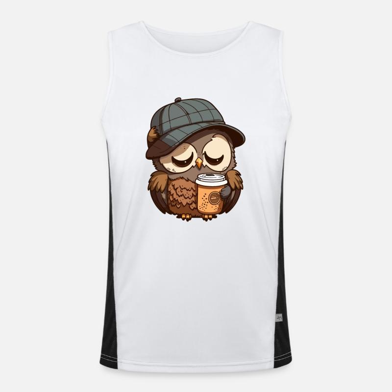 Müde Eule mit einem Kaffeebecher Funktionelles Kontrast-Tank Top für Männer 