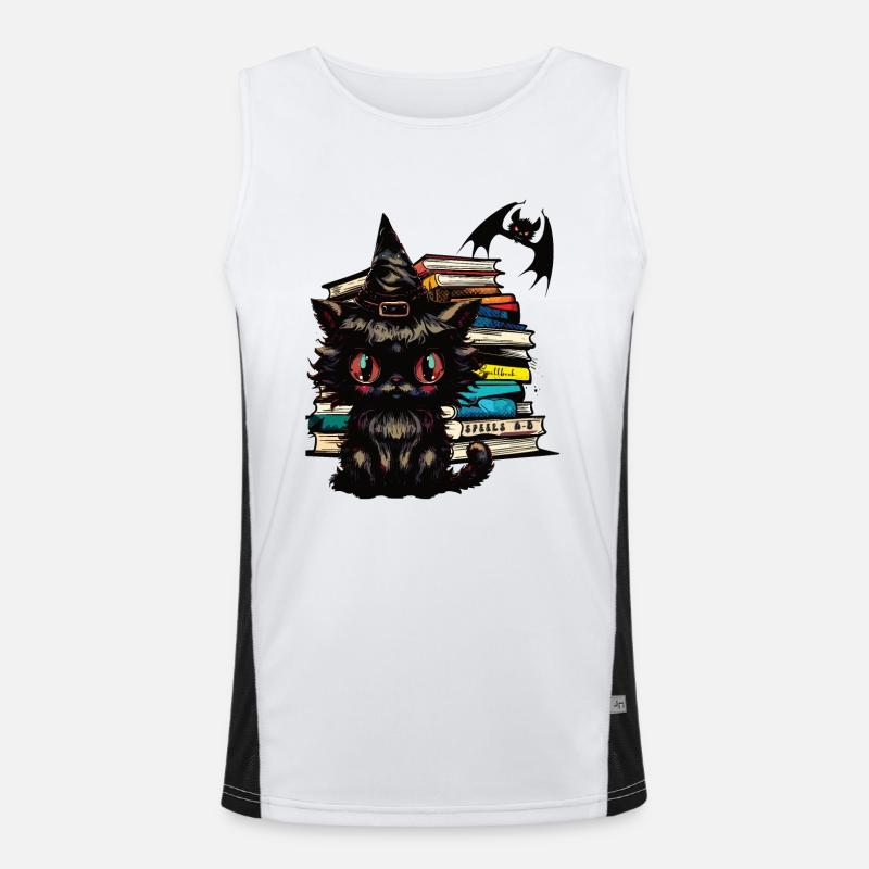 Cat with witch hat, magic books and bat Men's Functional Contrast Tank Top 
