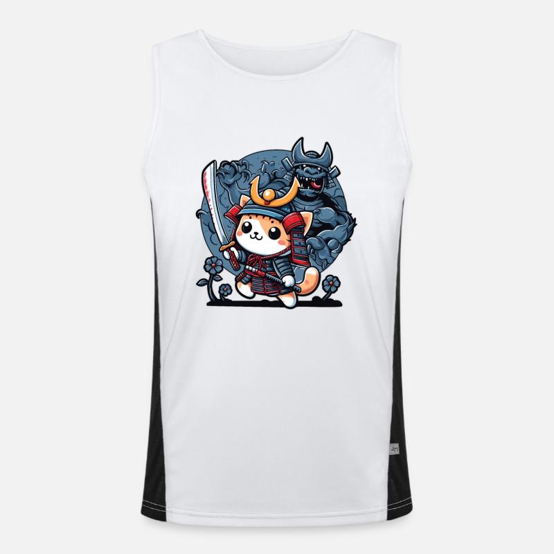 Samurai-Ninja-Katze und Monster dahinter Funktionelles Kontrast-Tank Top für Männer 