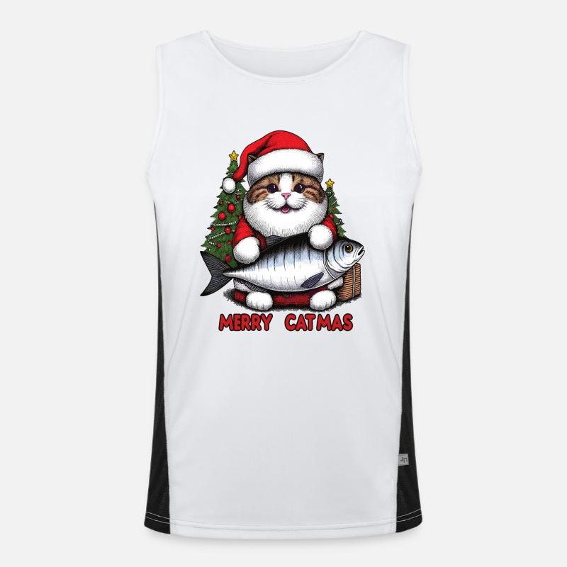 Dicke Katze als Weihnachtsmann mit Thunfisch, Merry Catmas Funktionelles Kontrast-Tank Top für Männer 