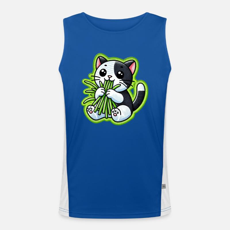 Mignon chat noir et blanc mangeant de l’herbe verte Débardeur respirant contrasté Homme 