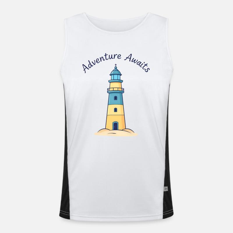 Vibrant Blue & Yellow Lighthouse on Sandy Beach Men's Functional Contrast Tank Top 