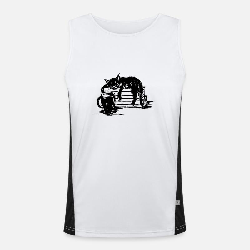 Müde Katze, mit Kaffee und Buch Zeichnung, lustig Funktionelles Kontrast-Tank Top für Männer 
