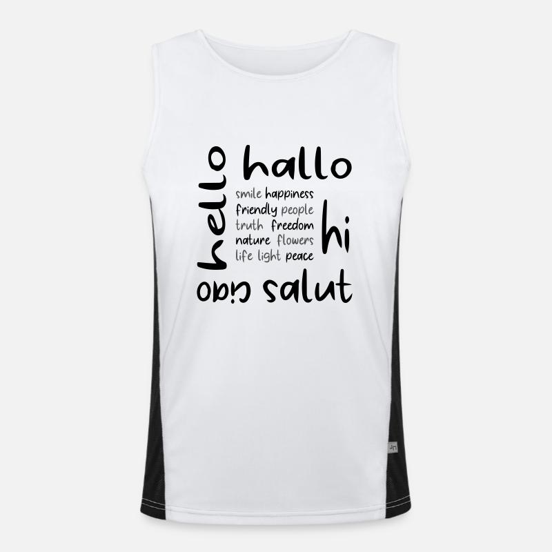Friendly Hello Hallo Ciao Salut Hi | Viele Farben! Funktionelles Kontrast-Tank Top für Männer 