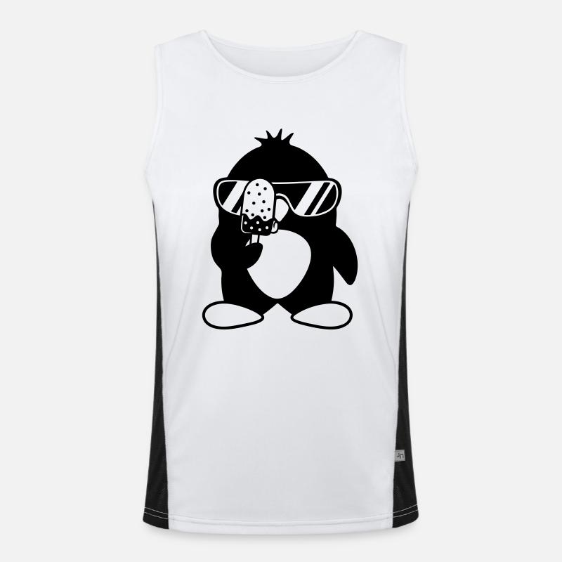 Penguin licking popsicles eating cream delicious Men's Functional Contrast Tank Top 